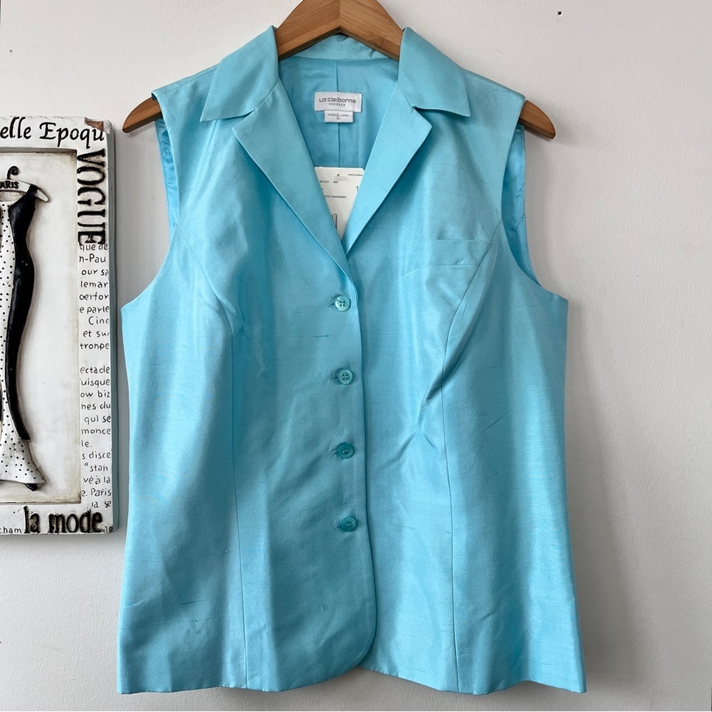 Liz Claiborne Vintage 90s 100% Silk Blue Grandma Vest Size 12